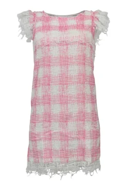 Pink raw-edge cotton-blend gingham fringe bouclé tweed flutter sleeve button-back shift dress