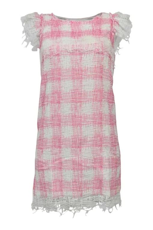 Pink raw-edge cotton-blend gingham fringe bouclé tweed flutter sleeve button-back shift dress