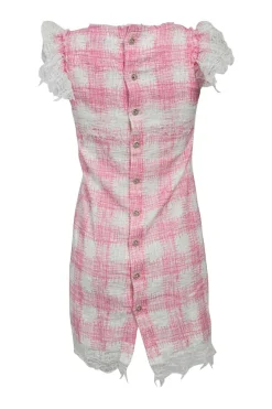 Pink raw-edge cotton-blend gingham fringe bouclé tweed flutter sleeve button-back shift dress