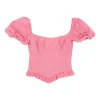 Pink recycled polyester-blend puff sleeve corset-style zip-up bustier top with ruffle edge trim