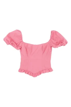 Pink recycled polyester-blend puff sleeve corset-style zip-up bustier top with ruffle edge trim