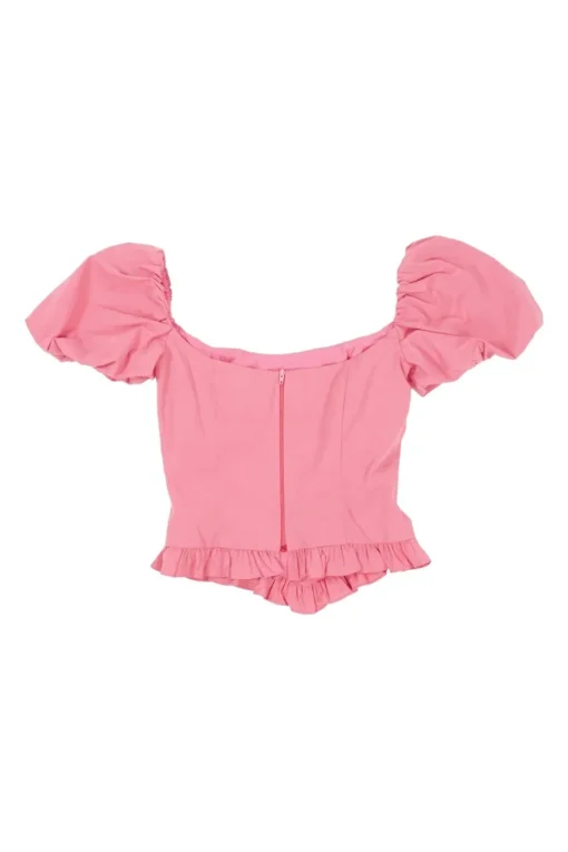Pink recycled polyester-blend puff sleeve corset-style zip-up bustier top with ruffle edge trim