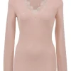 Pink rib knit lace embellished V-neck long-sleeve top