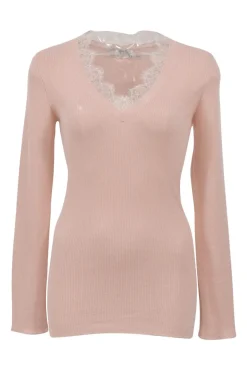Pink rib knit lace embellished V-neck long-sleeve top