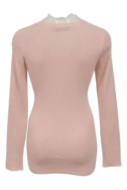 Pink rib knit lace embellished V-neck long-sleeve top