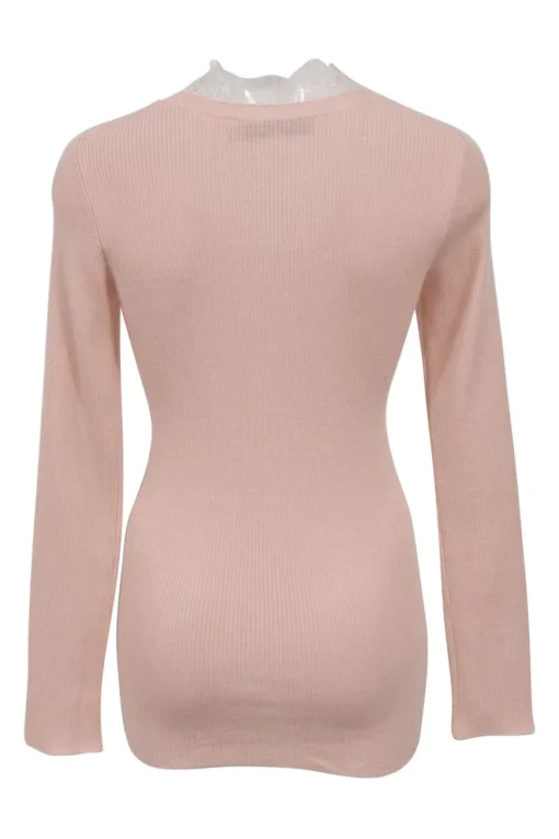 Pink rib knit lace embellished V-neck long-sleeve top