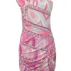 Pink ruched viscose kaleido print one-shoulder sheath dress