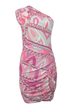 Pink ruched viscose kaleido print one-shoulder sheath dress