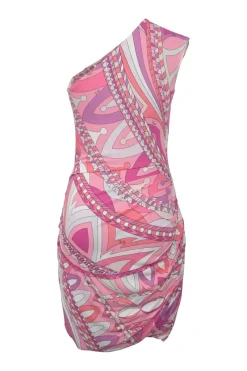 Pink ruched viscose kaleido print one-shoulder sheath dress