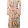 Pink ruffle-trimmed floral-print chiffon V-neck pleated midi dress
