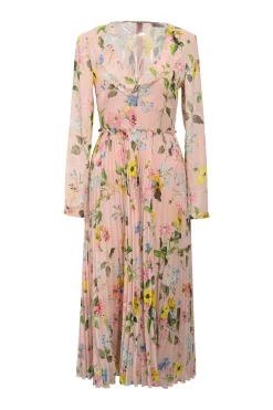 Pink ruffle-trimmed floral-print chiffon V-neck pleated midi dress