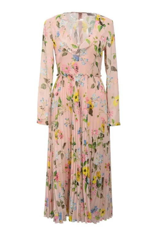 Pink ruffle-trimmed floral-print chiffon V-neck pleated midi dress