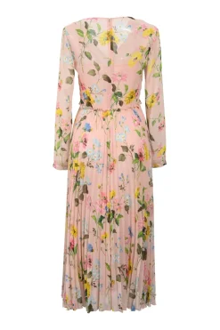 Pink ruffle-trimmed floral-print chiffon V-neck pleated midi dress