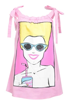 Pink screen-printed cotton-blend poplin graphic pinafore shift dress with gathered neckline and ribbon-tie straps