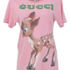 Pink screen-printed cotton jersey crewneck pullover graphic T-Shirt featuring Bambi and floral motif
