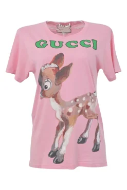 Pink screen-printed cotton jersey crewneck pullover graphic T-Shirt featuring Bambi and floral motif