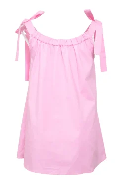 Pink screen-printed cotton-blend poplin graphic pinafore shift dress with gathered neckline and ribbon-tie straps
