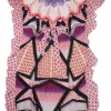 Pink semi-sheer polyester abstract star print flutter sleeve keyhole-front tie-neck blouse