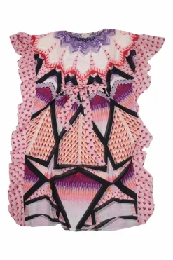 Pink semi-sheer polyester abstract star print flutter sleeve keyhole-front tie-neck blouse