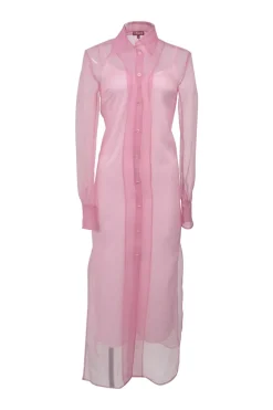 Pink semi-sheer polyester chiffon point-collar button-front maxi shirt dress with tonal slip insert