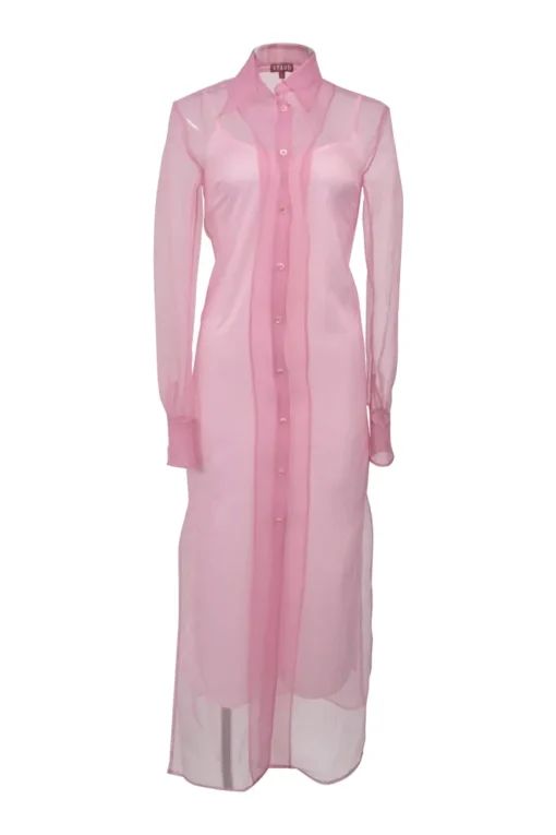 Pink semi-sheer polyester chiffon point-collar button-front maxi shirt dress with tonal slip insert