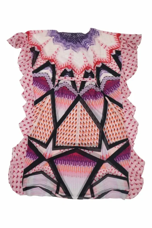 Pink semi-sheer polyester abstract star print flutter sleeve keyhole-front tie-neck blouse