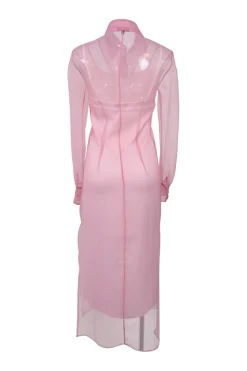 Pink semi-sheer polyester chiffon point-collar button-front maxi shirt dress with tonal slip insert