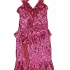 Pink sequined polyester sweetheart ruffle cocktail dress with adjustable spaghetti straps