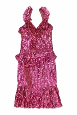 Pink sequined polyester sweetheart ruffle cocktail dress with adjustable spaghetti straps