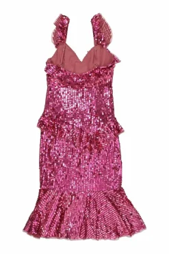 Pink sequined polyester sweetheart ruffle cocktail dress with adjustable spaghetti straps