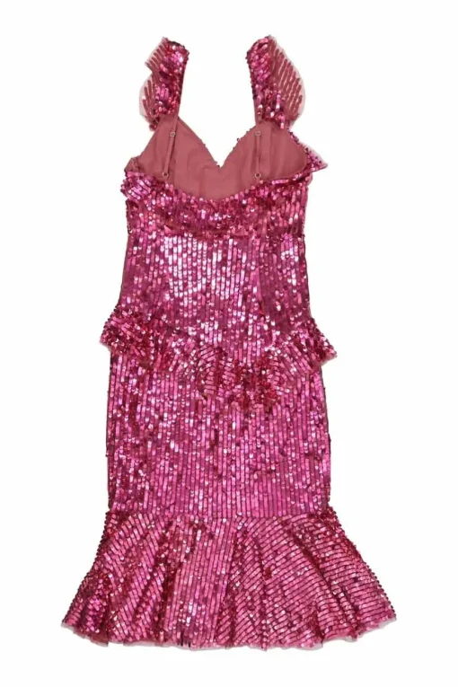 Pink sequined polyester sweetheart ruffle cocktail dress with adjustable spaghetti straps