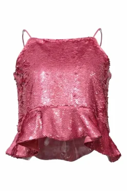 Pink sequin-embellished polyester racerback peplum camisole