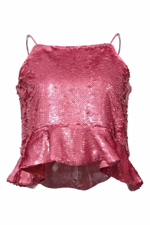 Pink sequin-embellished polyester racerback peplum camisole