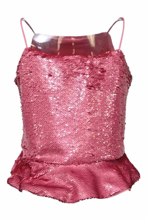 Pink sequin-embellished polyester racerback peplum camisole