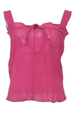 Pink sheer cotton pullover square neck fixed strap tank with tied-ribbon