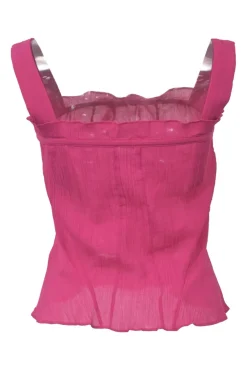 Pink sheer cotton pullover square neck fixed strap tank with tied-ribbon
