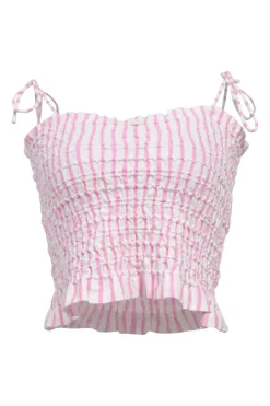 Pink shirred stripe cotton poplin bustier top with tubular-tie straps