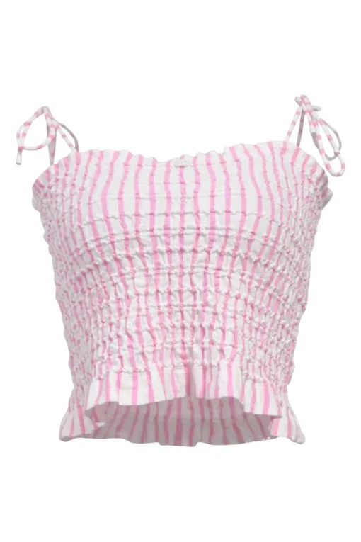 Pink shirred stripe cotton poplin bustier top with tubular-tie straps