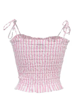 Pink shirred stripe cotton poplin bustier top with tubular-tie straps