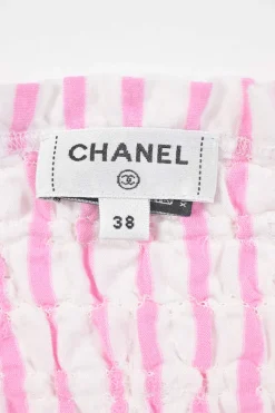 Pink shirred stripe cotton poplin bustier top with tubular-tie straps