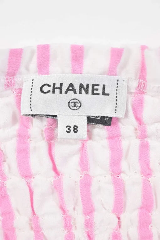 Pink shirred stripe cotton poplin bustier top with tubular-tie straps