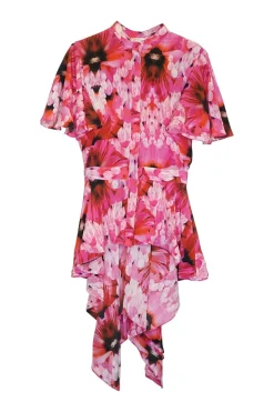 Pink silk crêpe 'Endangered Flower' print band collar draped peplum top with butterfly sleeves