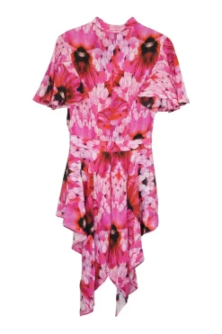 Pink silk crêpe 'Endangered Flower' print band collar draped peplum top with butterfly sleeves