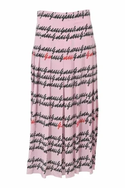 Pink silk drop-waist pleated midi skirt featuring cursive logo motif