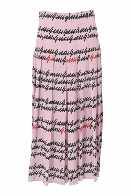 Pink silk drop-waist pleated midi skirt featuring cursive logo motif