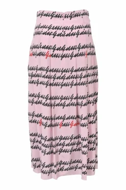 Pink silk drop-waist pleated midi skirt featuring cursive logo motif