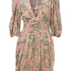 Pink silk floral print Tempest plunge neck mini dress with balloon sleeves and corset-style lace-up waistband