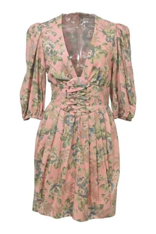 Pink silk floral print Tempest plunge neck mini dress with balloon sleeves and corset-style lace-up waistband