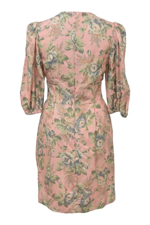 Pink silk floral print Tempest plunge neck mini dress with balloon sleeves and corset-style lace-up waistband