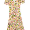 Pink silk lemon print puff sleeve A-line tea dress with gathered bodice
